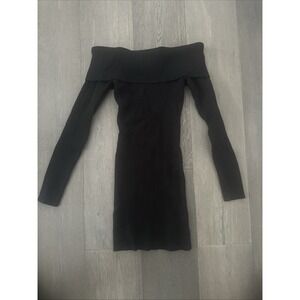 Off The Shoulder Sweater Dress Sz M/L Ribbed Bodice Long Sleeves Black Mini
